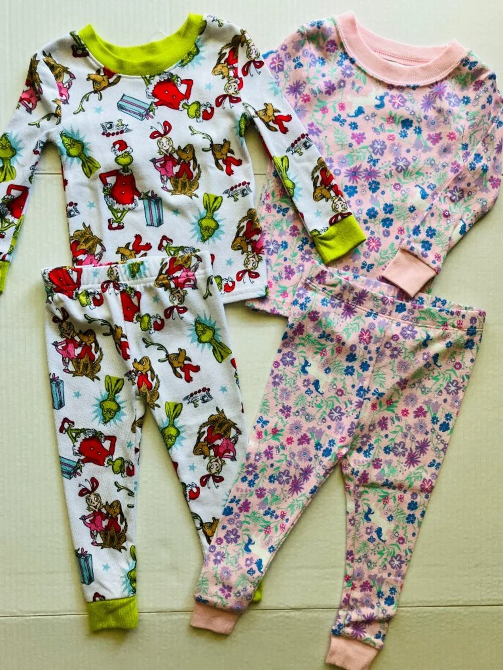 12 Month Hacci Grinch* & Cotton Unicorn Print Long Sleeve Pajama Sets Bundle